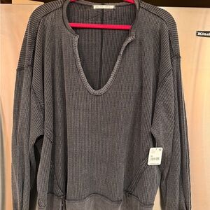 Free People Charcoal Ribbed V-Neck Waffle Pullover